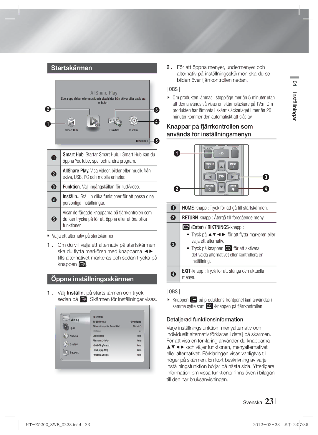 Samsung HT-E5200/XE manual Startskärmen, Öppna inställningsskärmen, Detaljerad funktionsinformation 