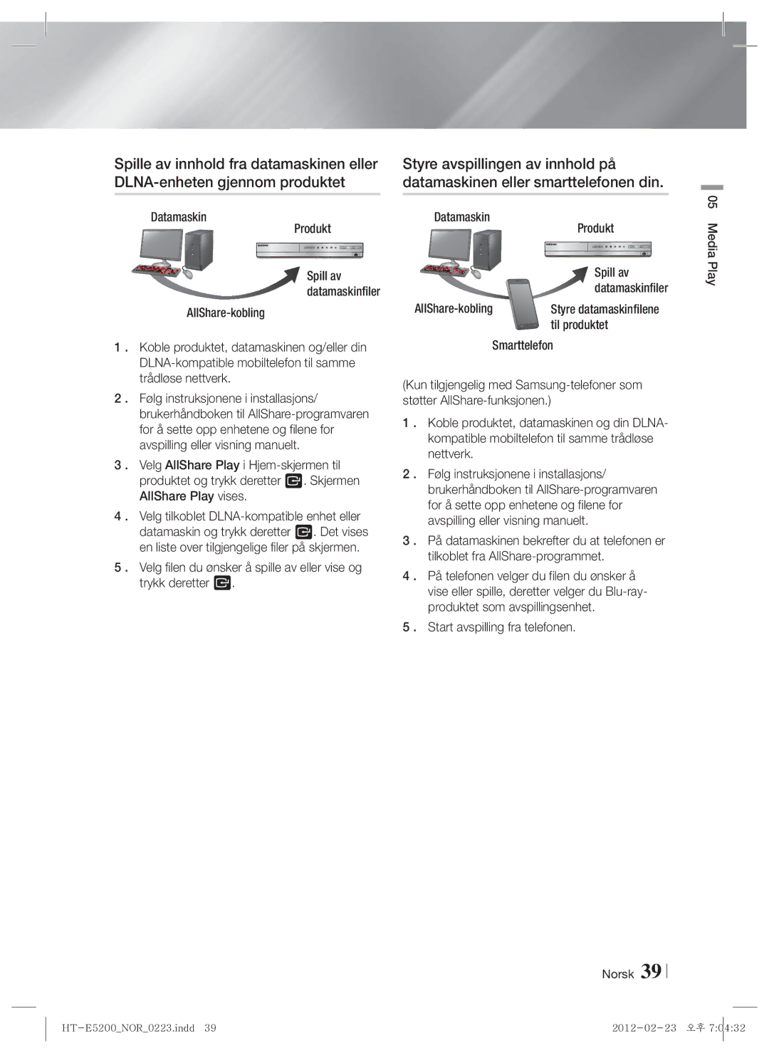 Samsung HT-E5200/XE manual Datamaskinen eller smarttelefonen din, Datamaskin Produkt, Til produktet, Styre datamaskinfilene 