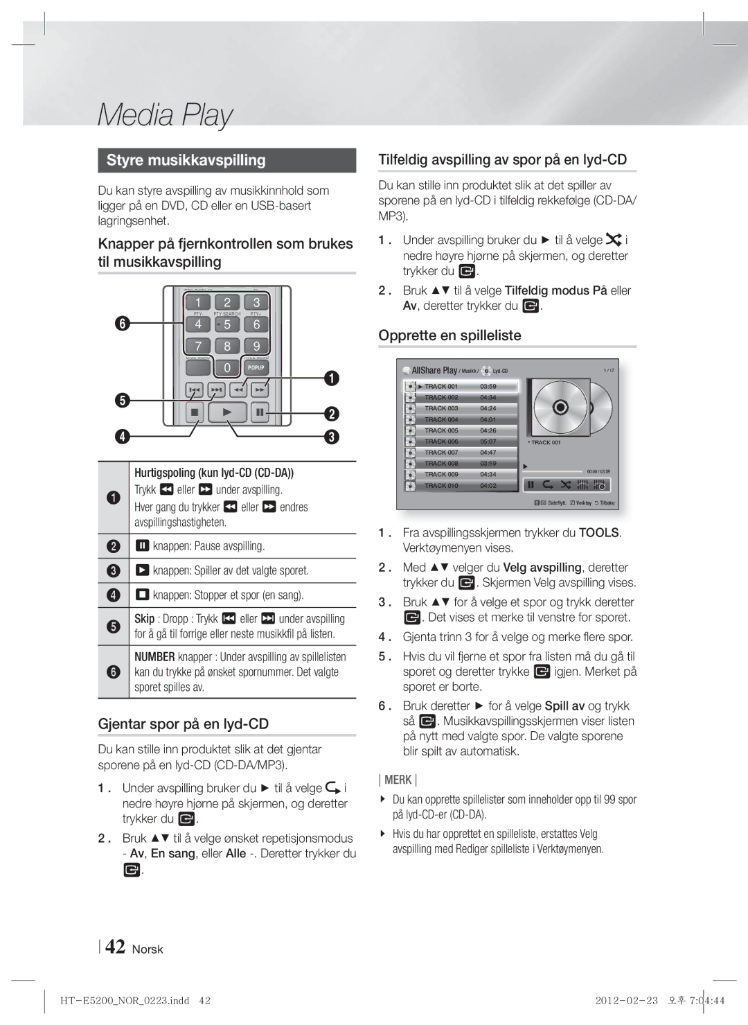 Samsung HT-E5200/XE manual Styre musikkavspilling, Knapper på fjernkontrollen som brukes til musikkavspilling 