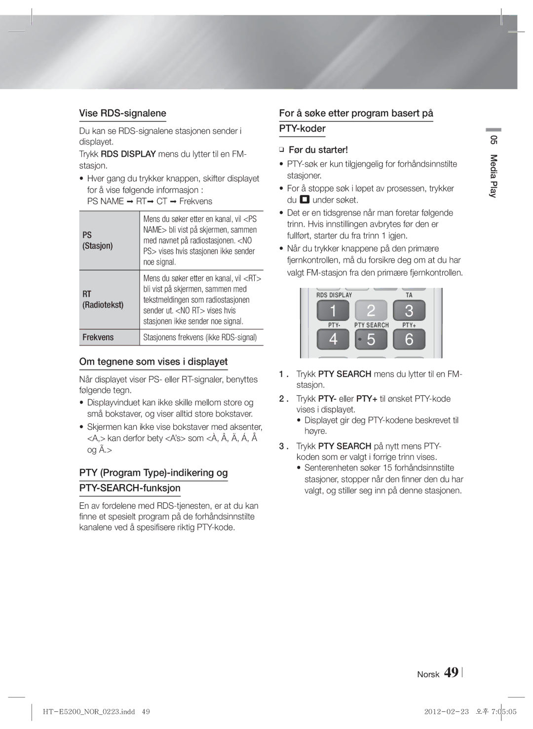 Samsung HT-E5200/XE Vise RDS-signalene, Om tegnene som vises i displayet, For å søke etter program basert på PTY-koder 