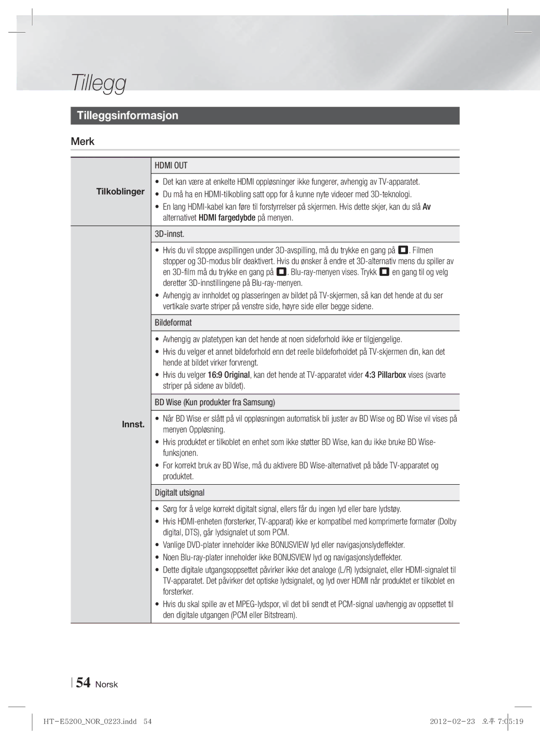 Samsung HT-E5200/XE manual Tilleggsinformasjon, Merk, Tilkoblinger, Innst 