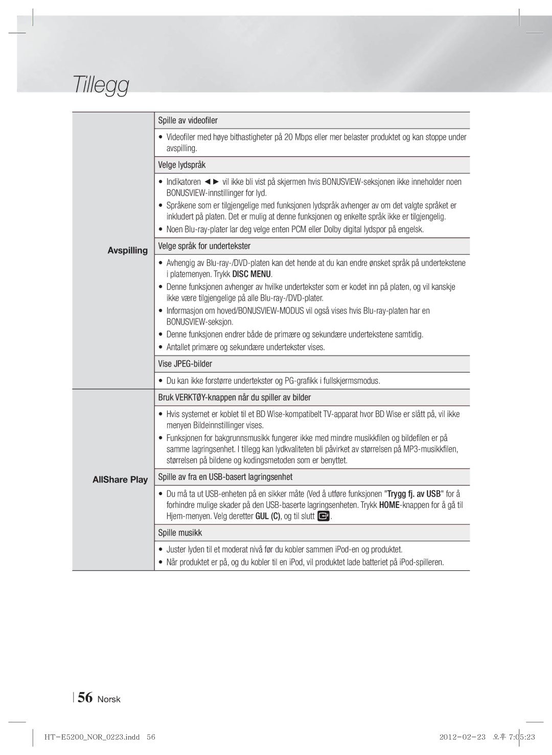 Samsung HT-E5200/XE manual Avspilling 