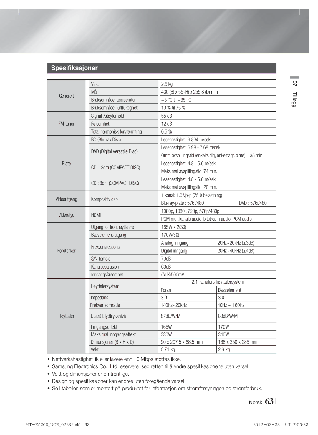 Samsung HT-E5200/XE manual Spesifikasjoner 