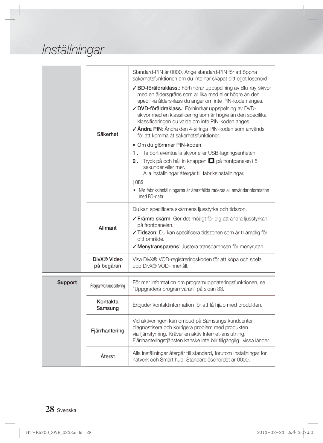 Samsung HT-E5200/XE manual Support 