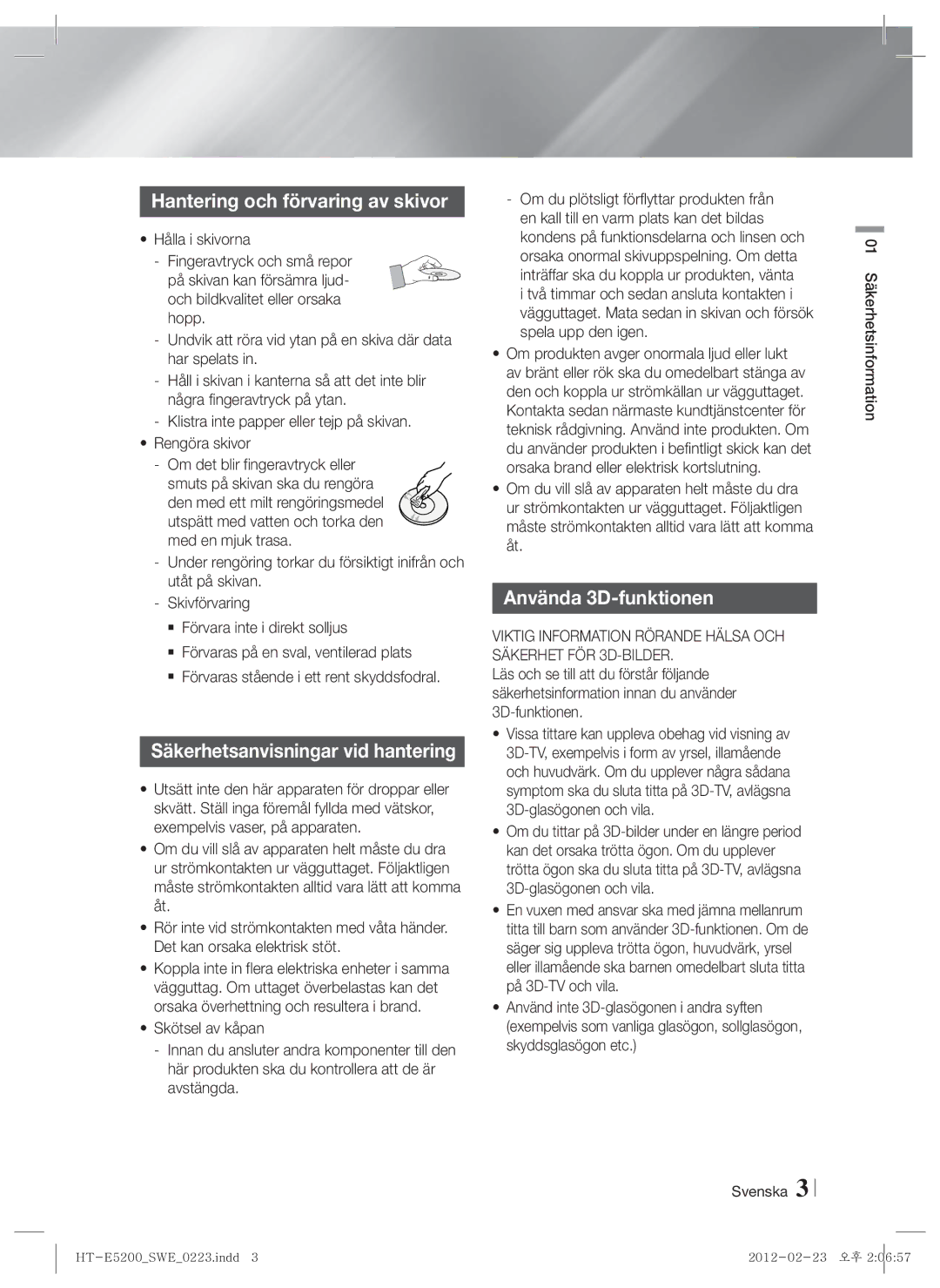 Samsung HT-E5200/XE manual Hantering och förvaring av skivor, Säkerhetsanvisningar vid hantering, Använda 3D-funktionen 