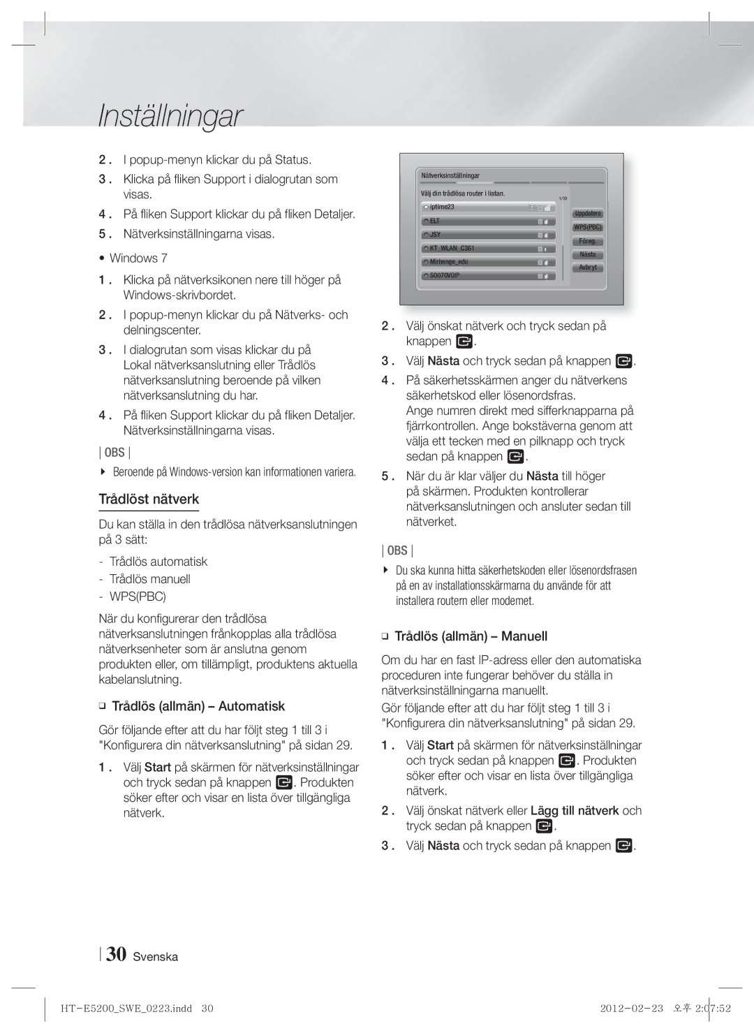 Samsung HT-E5200/XE manual Trådlöst nätverk, Popup-menyn klickar du på Nätverks- och delningscenter, Wpspbc 