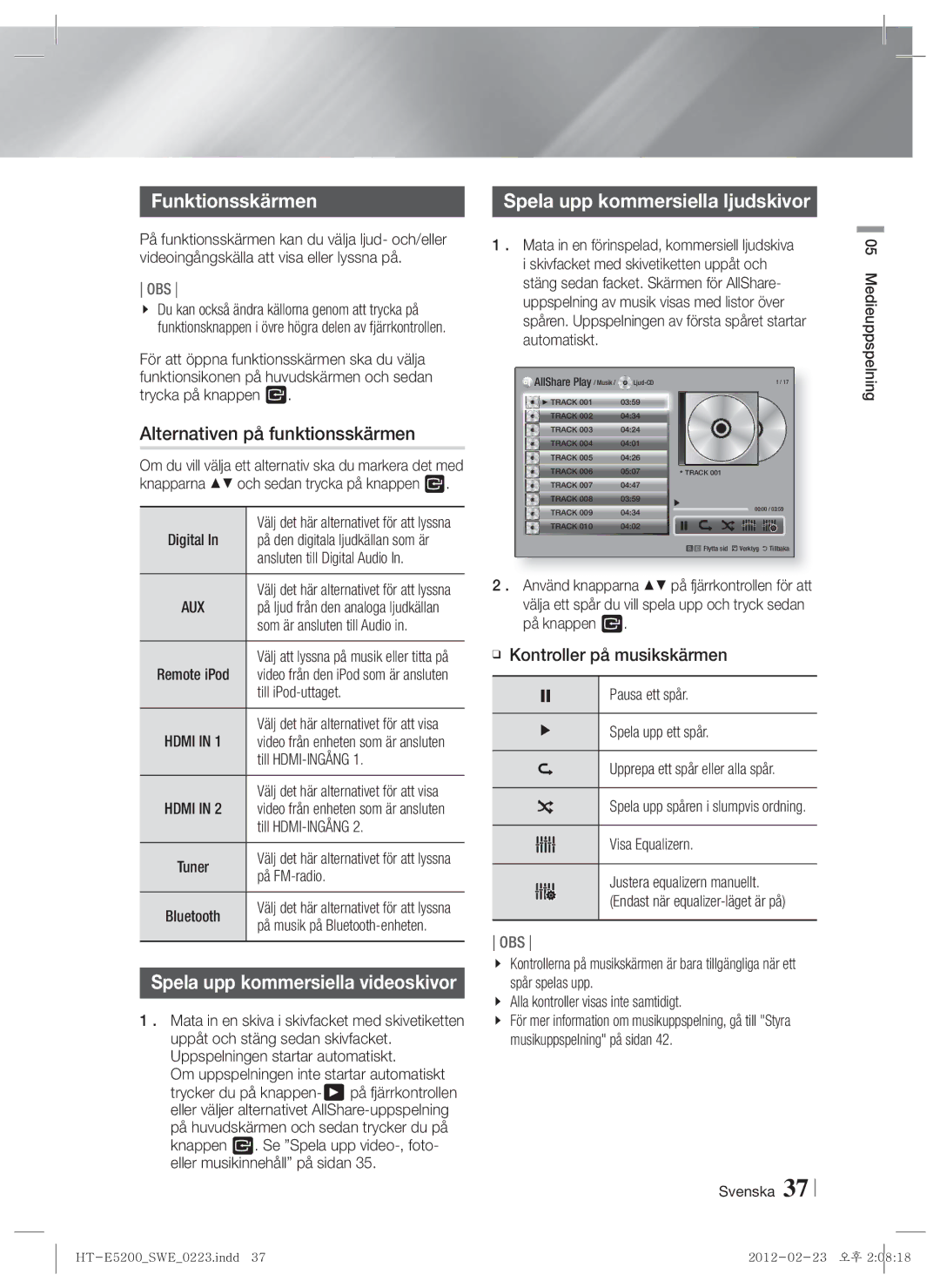 Samsung HT-E5200/XE manual Funktionsskärmen, Alternativen på funktionsskärmen, Spela upp kommersiella ljudskivor 