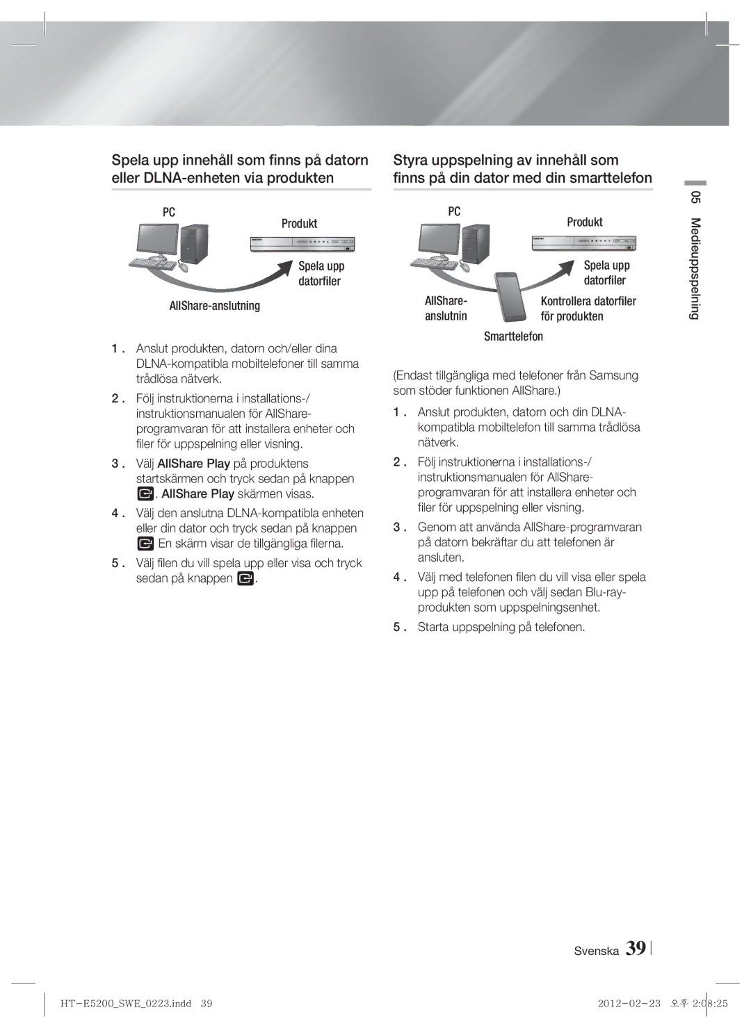 Samsung HT-E5200/XE manual Produkt, AllShare Datorfiler, Starta uppspelning på telefonen, Spela upp datorfiler 