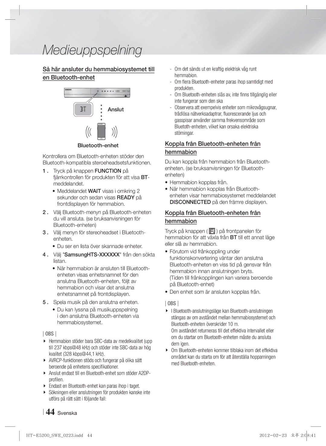 Samsung HT-E5200/XE manual Så här ansluter du hemmabiosystemet till en Bluetooth-enhet, Anslut Bluetooth-enhet 