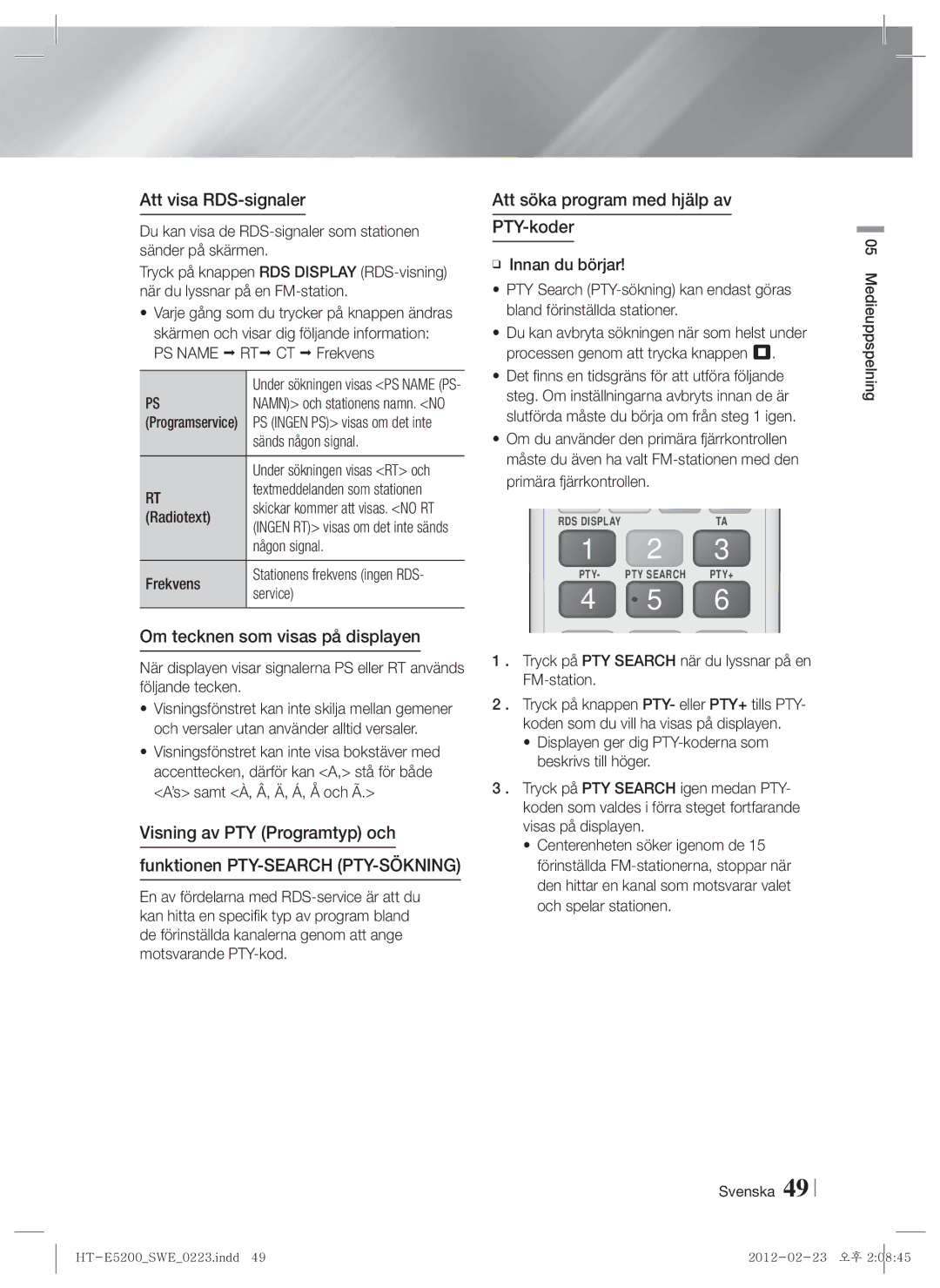 Samsung HT-E5200/XE Att visa RDS-signaler, Om tecknen som visas på displayen, Att söka program med hjälp av PTY-koder 