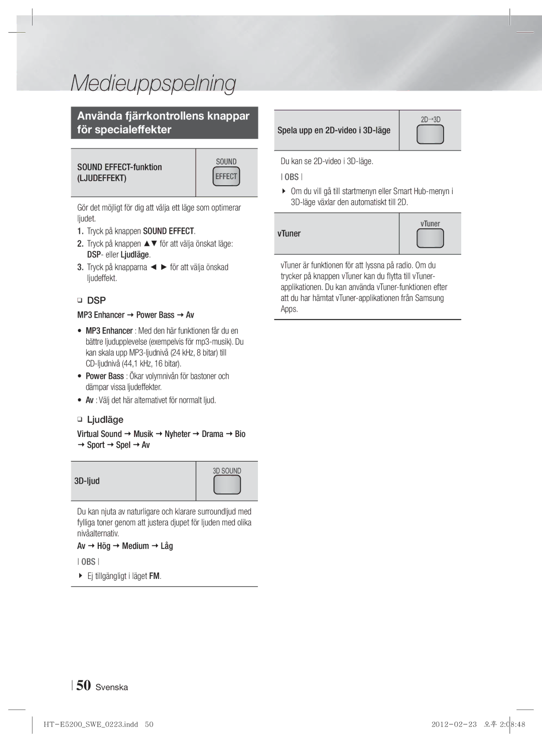 Samsung HT-E5200/XE manual Använda fjärrkontrollens knappar För specialeffekter, Ljudeffekt, Dsp 