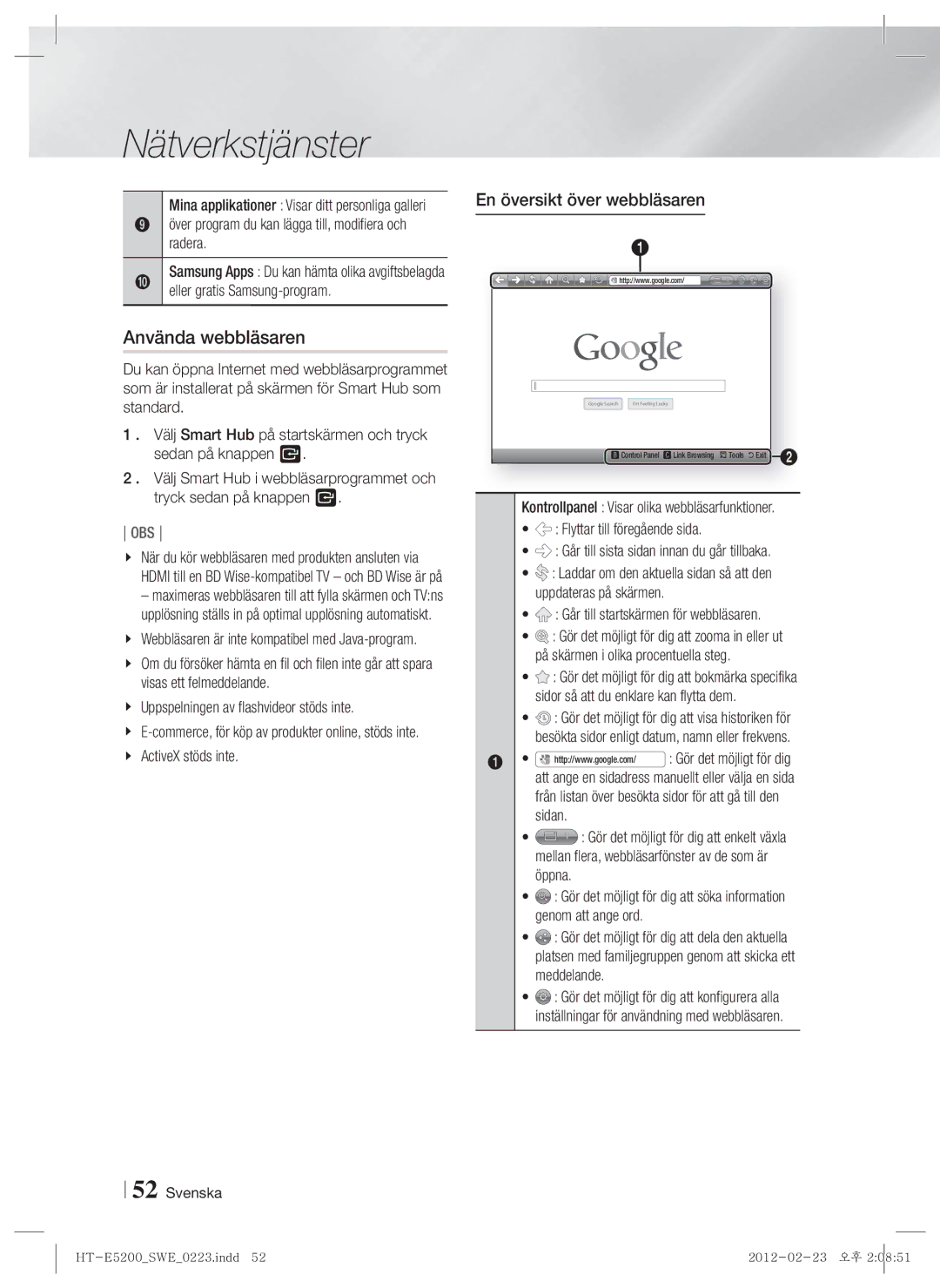 Samsung HT-E5200/XE manual Använda webbläsaren, En översikt över webbläsaren 
