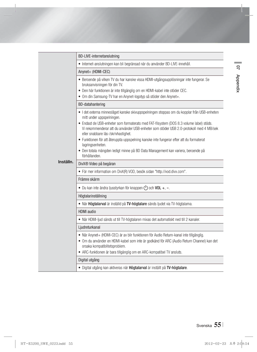 Samsung HT-E5200/XE manual Svenska Appendix 