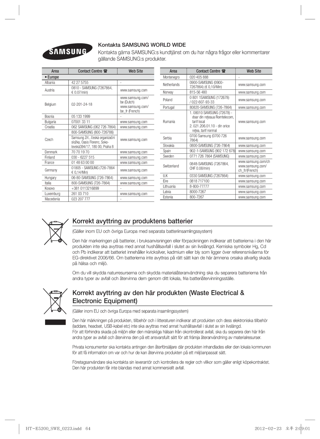 Samsung HT-E5200/XE manual Korrekt avyttring av produktens batterier, Area Contact Centre  Web Site ` Europe 