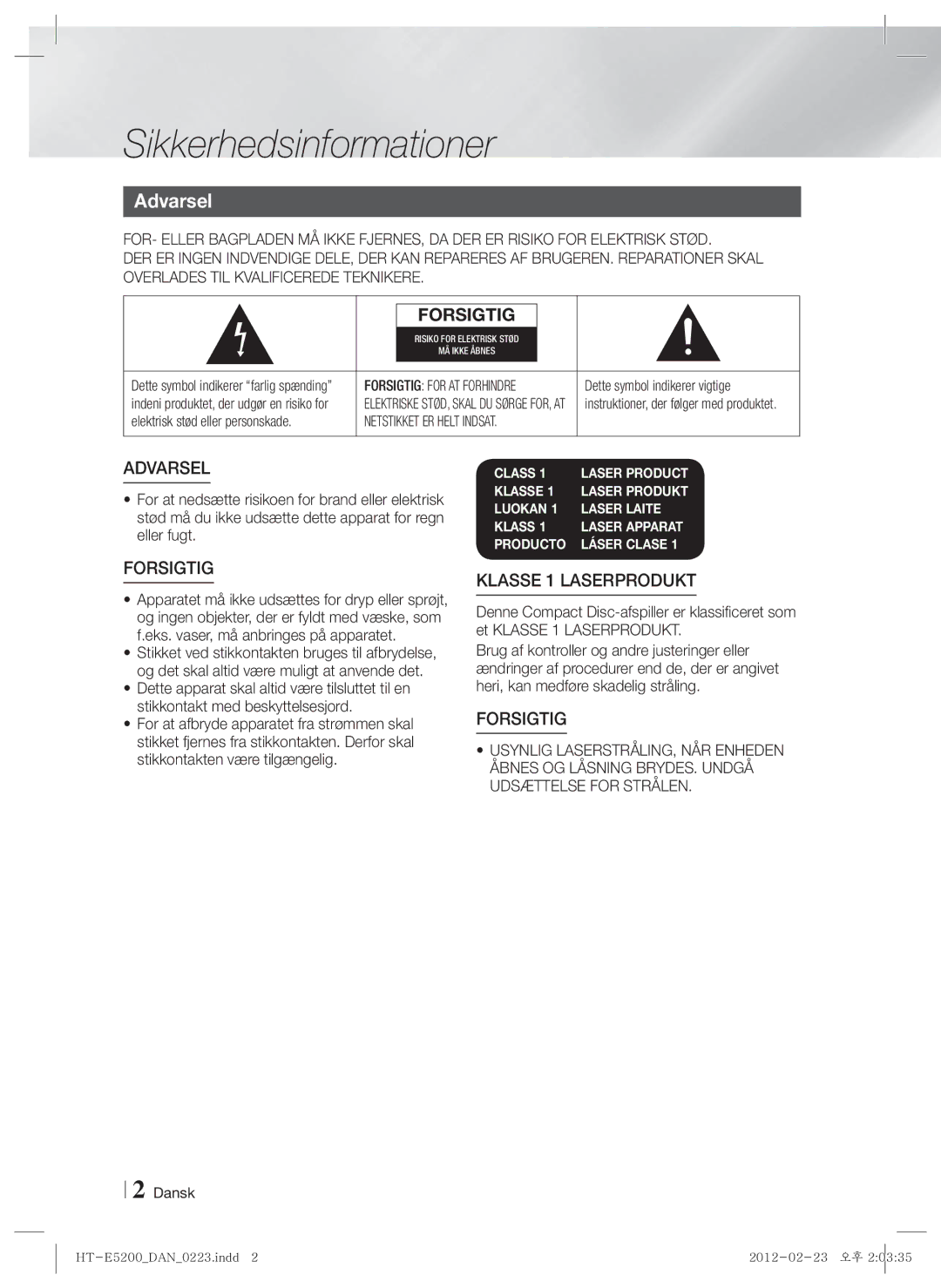 Samsung HT-E5200/XE manual Sikkerhedsinformationer, Forsigtig 