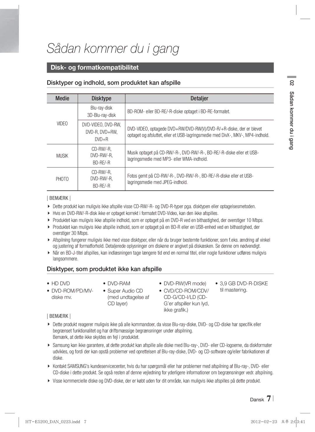 Samsung HT-E5200/XE Sådan kommer du i gang, Disk- og formatkompatibilitet, Disktyper, som produktet ikke kan afspille 