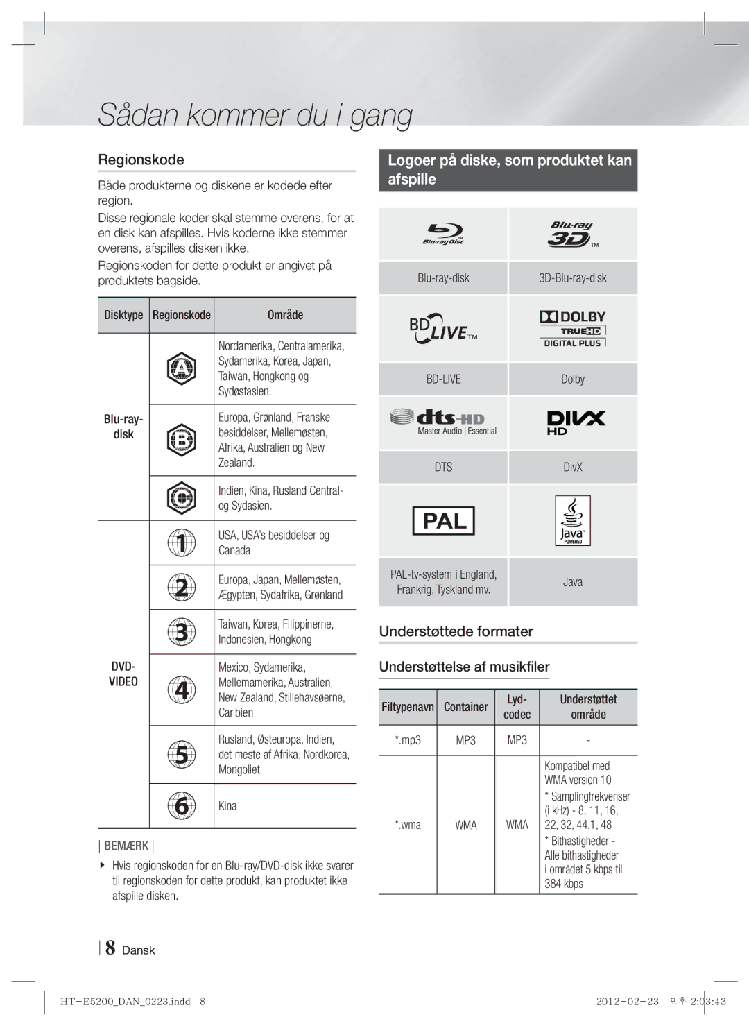 Samsung HT-E5200/XE manual Regionskode, Logoer på diske, som produktet kan Afspille, Understøttede formater 