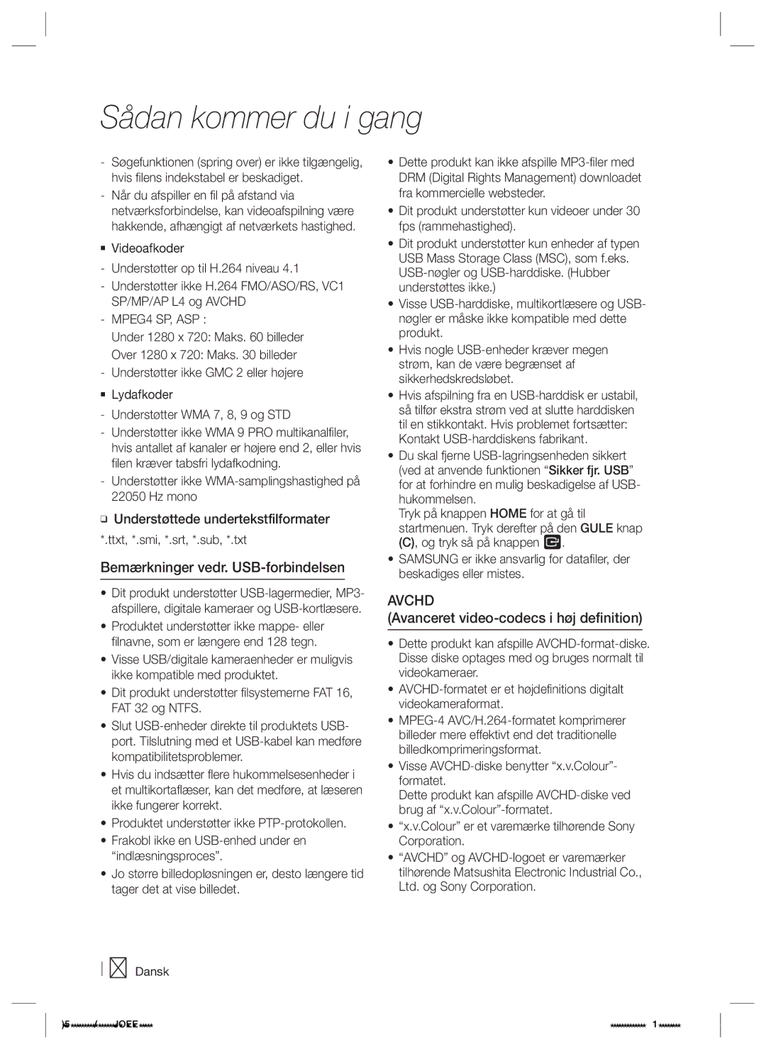 Samsung HT-E5200/XE manual Bemærkninger vedr. USB-forbindelsen, Avanceret video-codecs i høj definition 