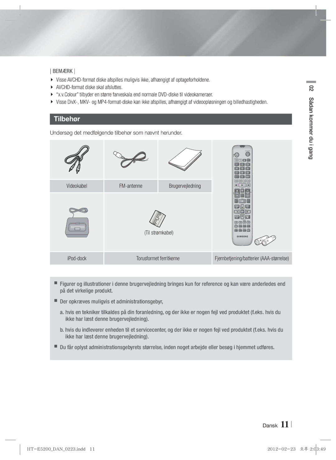 Samsung HT-E5200/XE manual Tilbehør, Undersøg det medfølgende tilbehør som nævnt herunder, Brugervejledning, Til strømkabel 