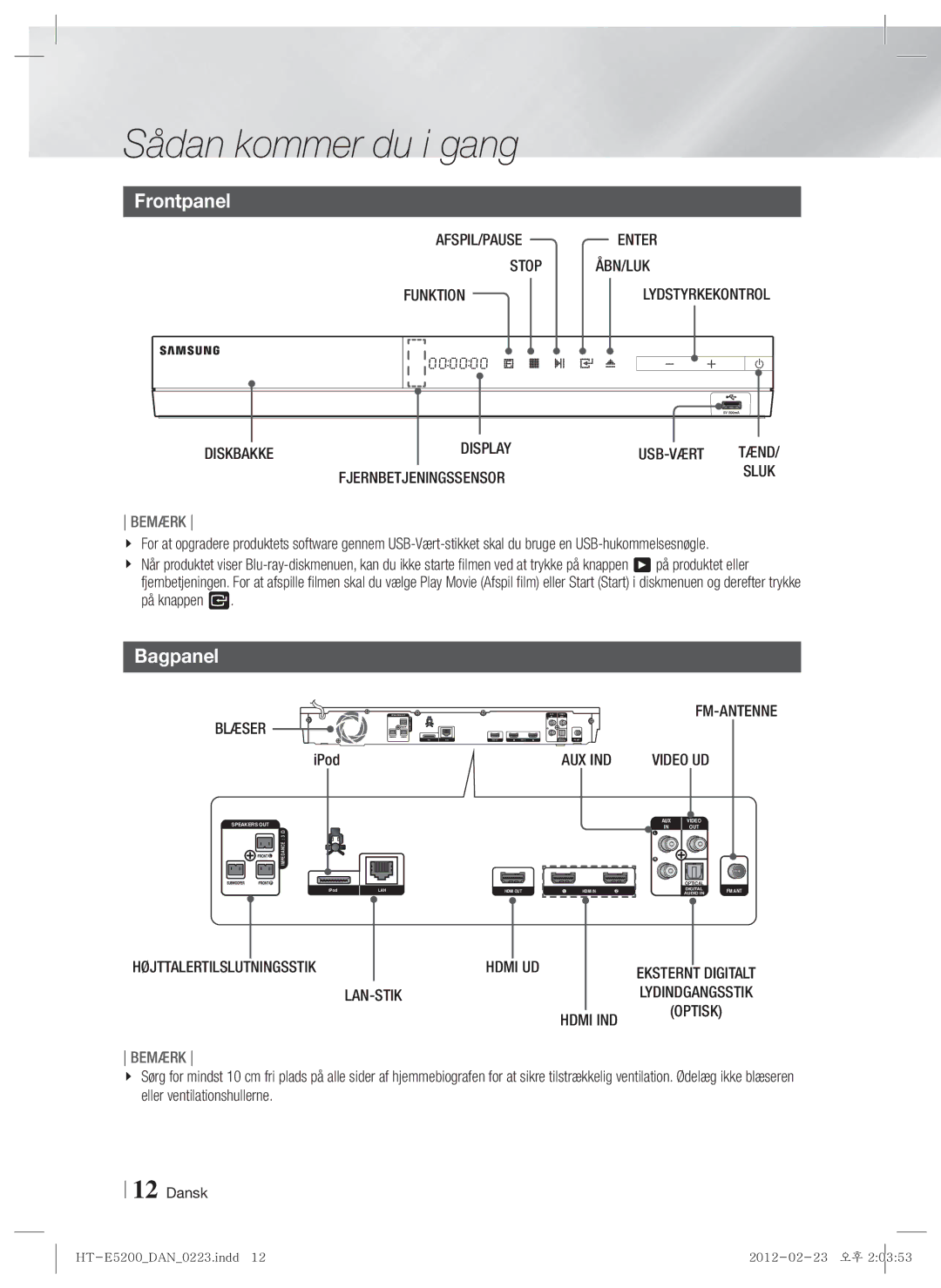 Samsung HT-E5200/XE manual Frontpanel, Bagpanel 