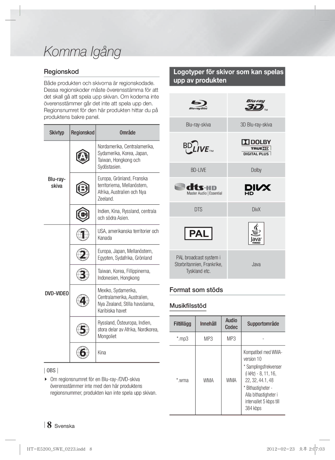 Samsung HT-E5200/XE Regionskod, Logotyper för skivor som kan spelas Upp av produkten, Format som stöds, Musikfilsstöd, Dts 