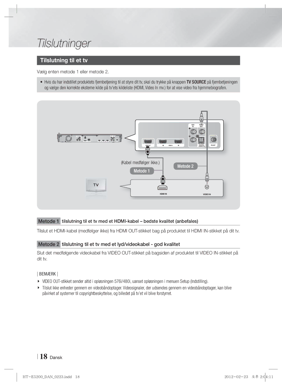 Samsung HT-E5200/XE manual Tilslutning til et tv, Vælg enten metode 1 eller metode 