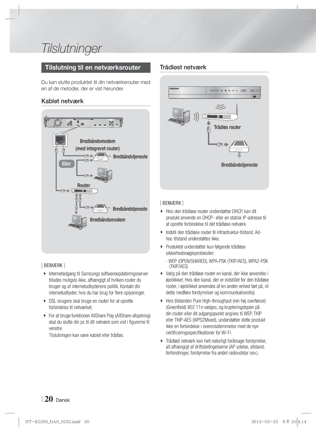 Samsung HT-E5200/XE manual Tilslutning til en netværksrouter, Kablet netværk 