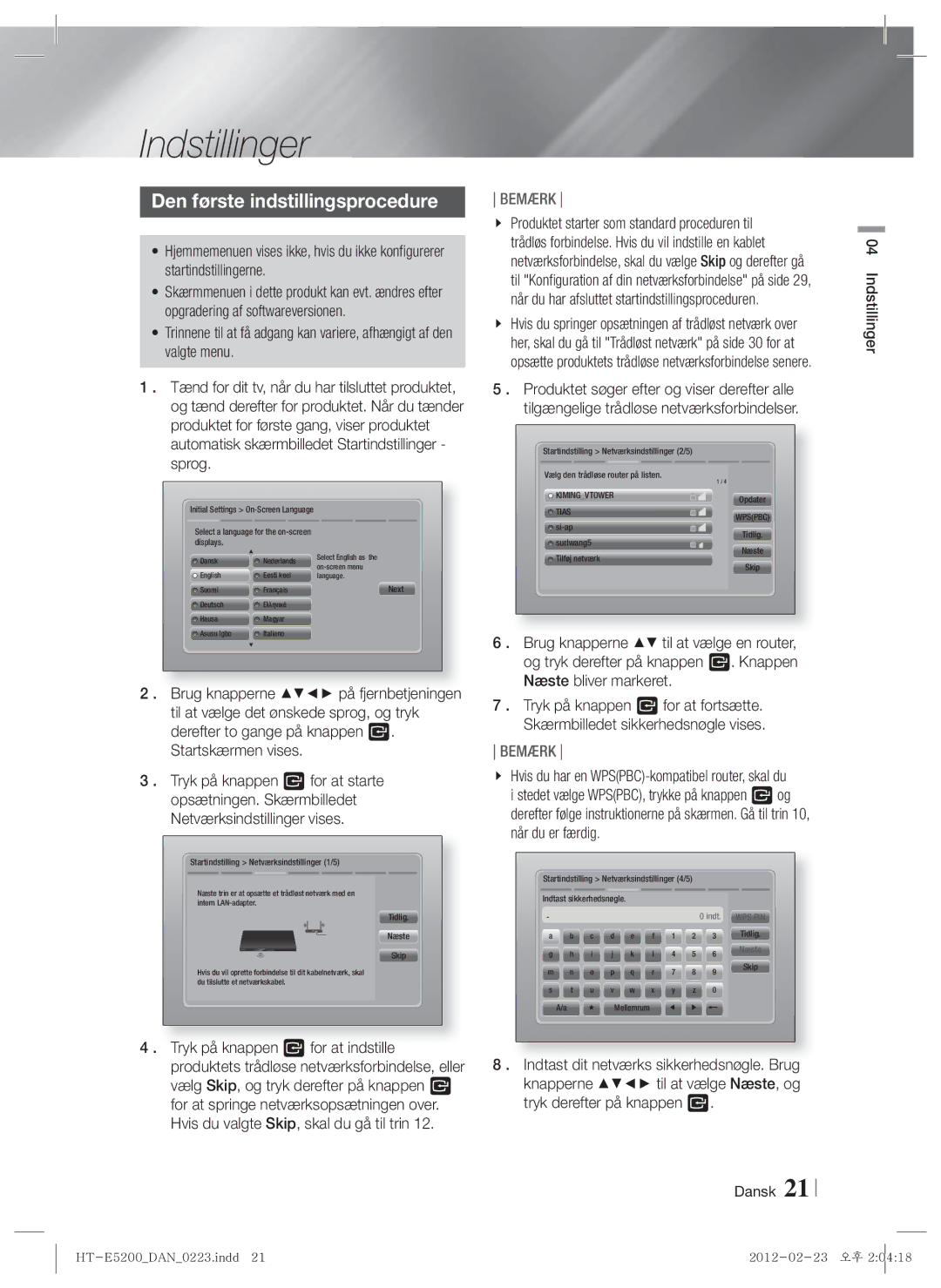 Samsung HT-E5200/XE manual Indstillinger, Den første indstillingsprocedure, Startindstillingerne, Valgte menu 