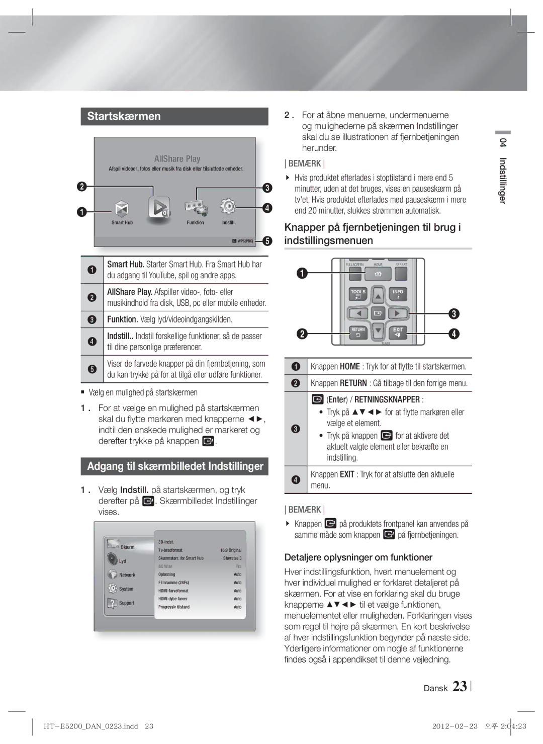 Samsung HT-E5200/XE manual Startskærmen, Knapper på fjernbetjeningen til brug i indstillingsmenuen 