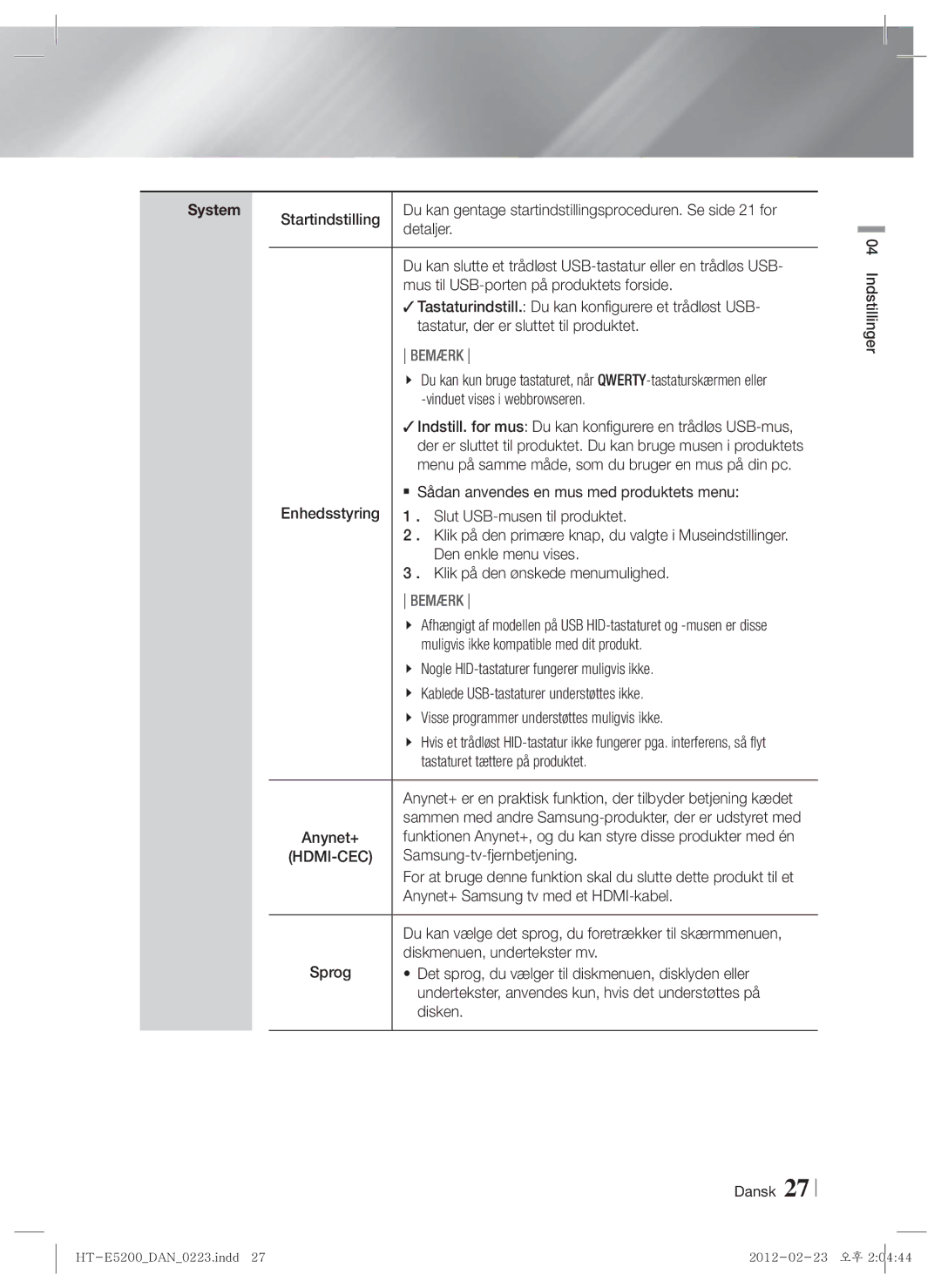 Samsung HT-E5200/XE manual Vinduet vises i webbrowseren,  Sådan anvendes en mus med produktets menu, Den enkle menu vises 