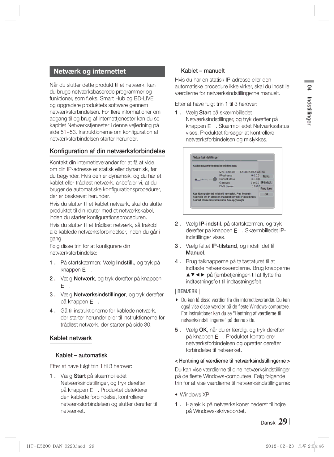 Samsung HT-E5200/XE manual Netværk og internettet, Konfiguration af din netværksforbindelse, Kablet netværk 