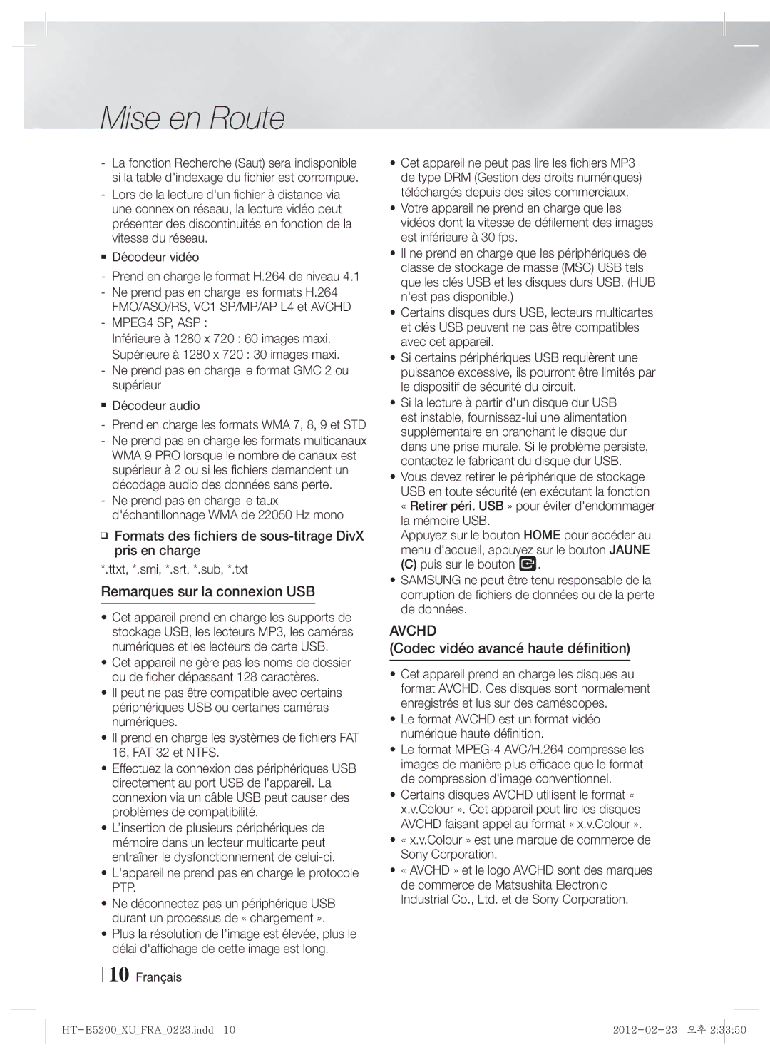 Samsung HT-E5200/EN, HT-E5200/XN manual Remarques sur la connexion USB, Codec vidéo avancé haute définition, MPEG4 SP, ASP 