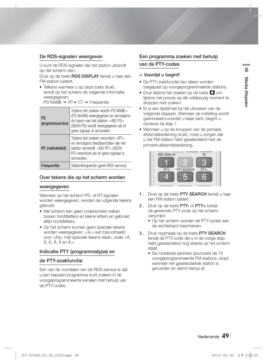 Samsung HT-E5200/ZF, HT-E5200/XN, HT-E5200/EN De RDS-signalen weergeven, Over tekens die op het scherm worden Weergegeven 