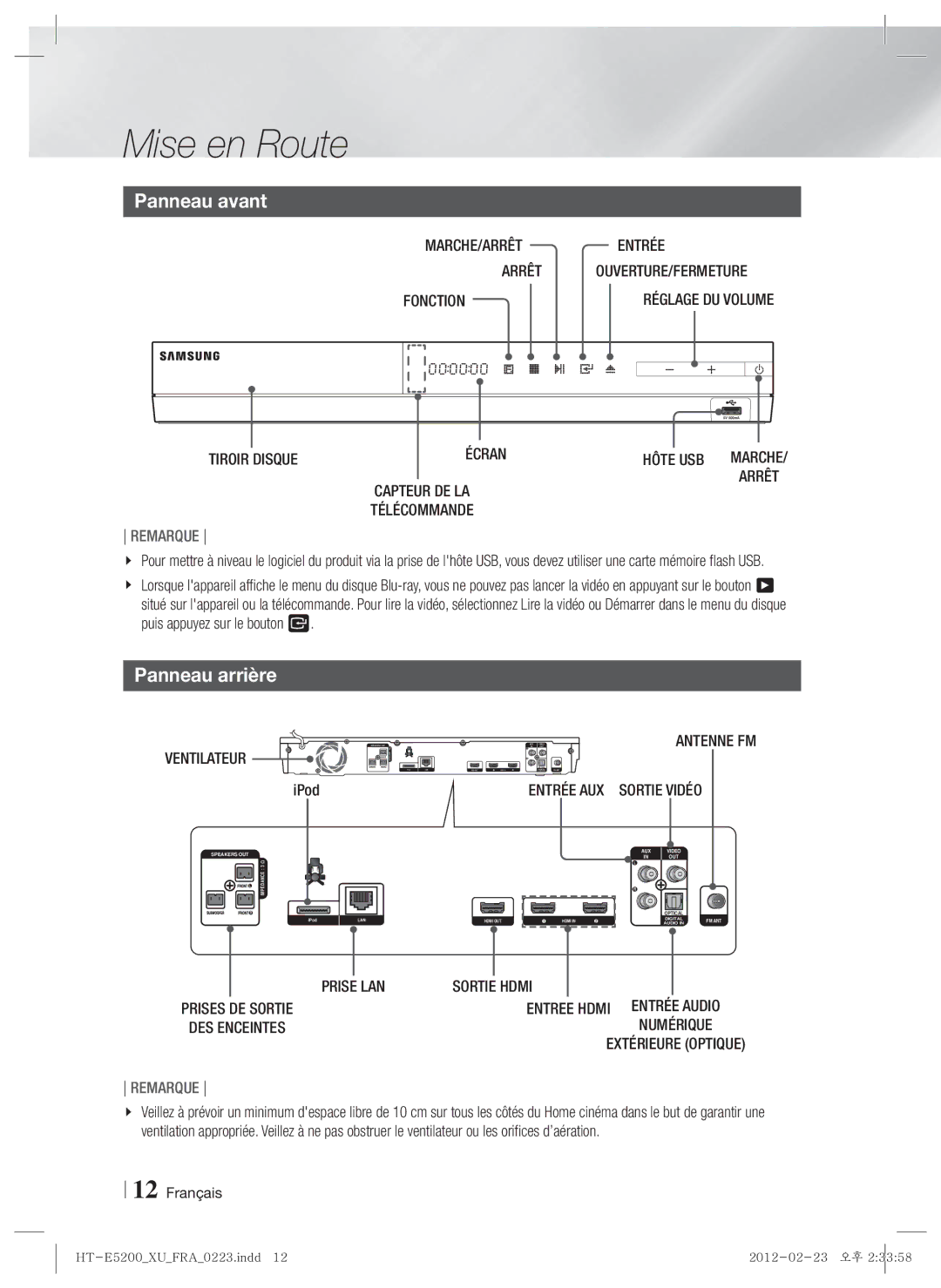 Samsung HT-E5200/XN, HT-E5200/EN, HT-E5200/ZF manual Panneau avant, Panneau arrière 