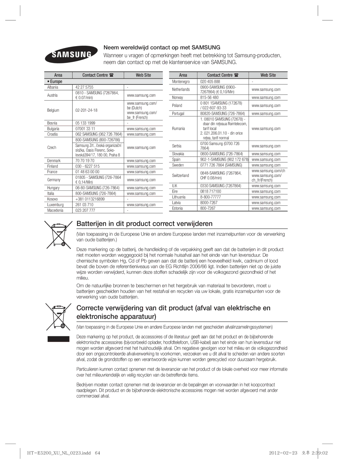Samsung HT-E5200/ZF, HT-E5200/XN Batterijen in dit product correct verwijderen, Neem wereldwijd contact op met Samsung 