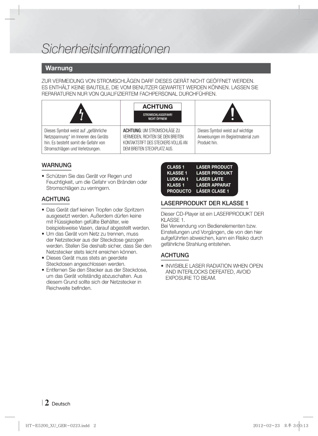 Samsung HT-E5200/EN manual Sicherheitsinformationen, Warnung, Dieser CD-Player ist ein Laserprodukt DER Klasse, Produkt hin 