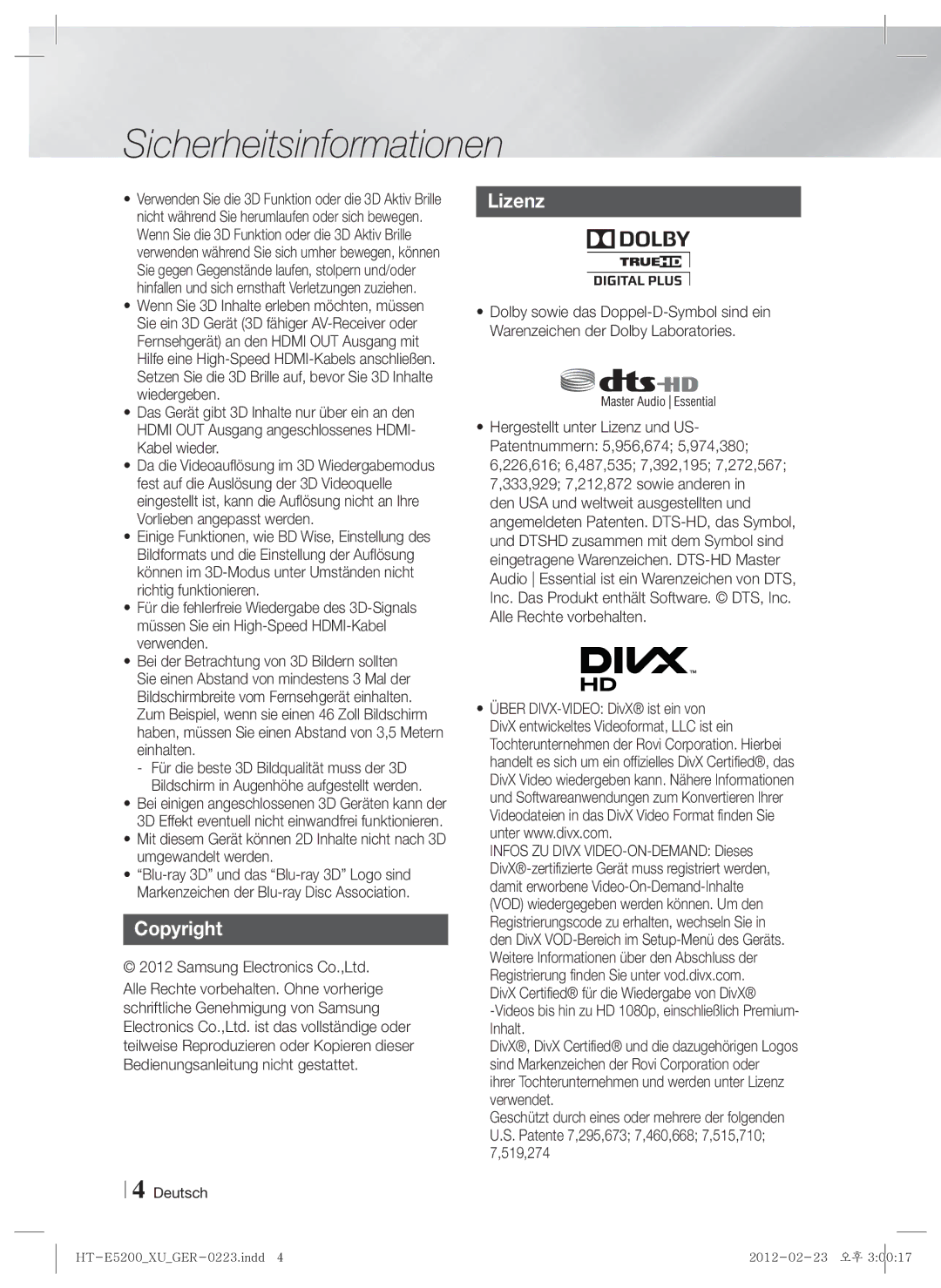 Samsung HT-E5200/XN, HT-E5200/EN, HT-E5200/ZF manual Copyright, Lizenz 