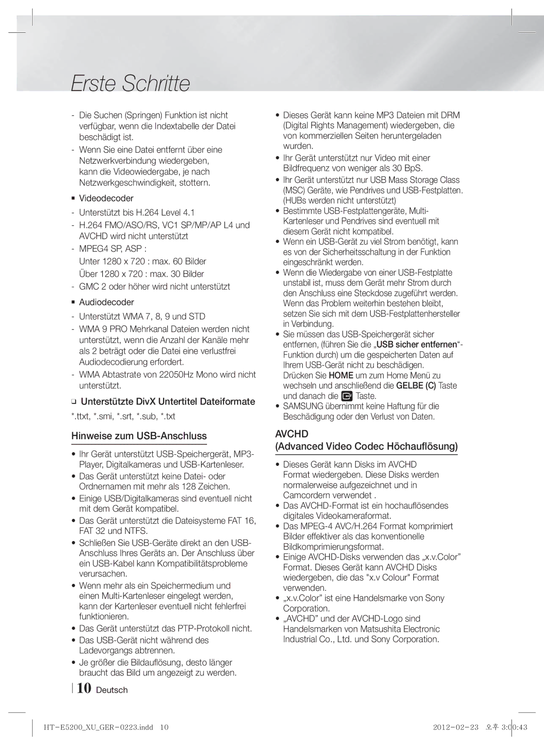 Samsung HT-E5200/XN, HT-E5200/EN, HT-E5200/ZF manual Hinweise zum USB-Anschluss, Advanced Video Codec Höchauflösung 