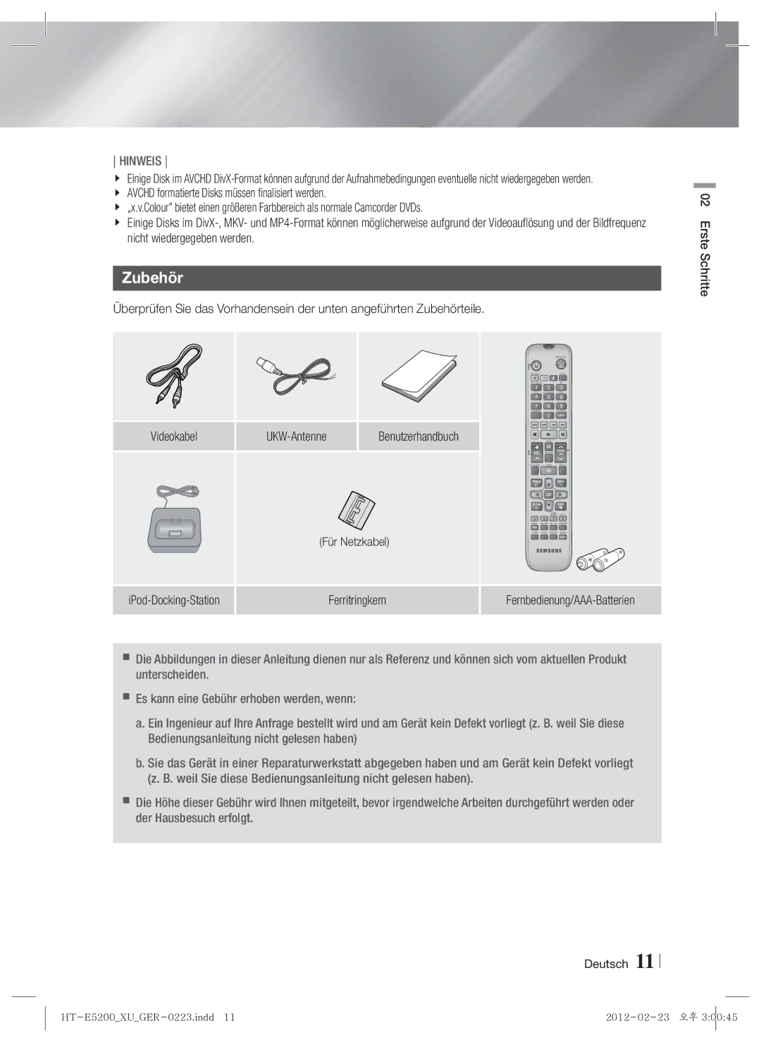 Samsung HT-E5200/EN, HT-E5200/XN, HT-E5200/ZF manual Zubehör, Benutzerhandbuch, Ferritringkern, Für Netzkabel 