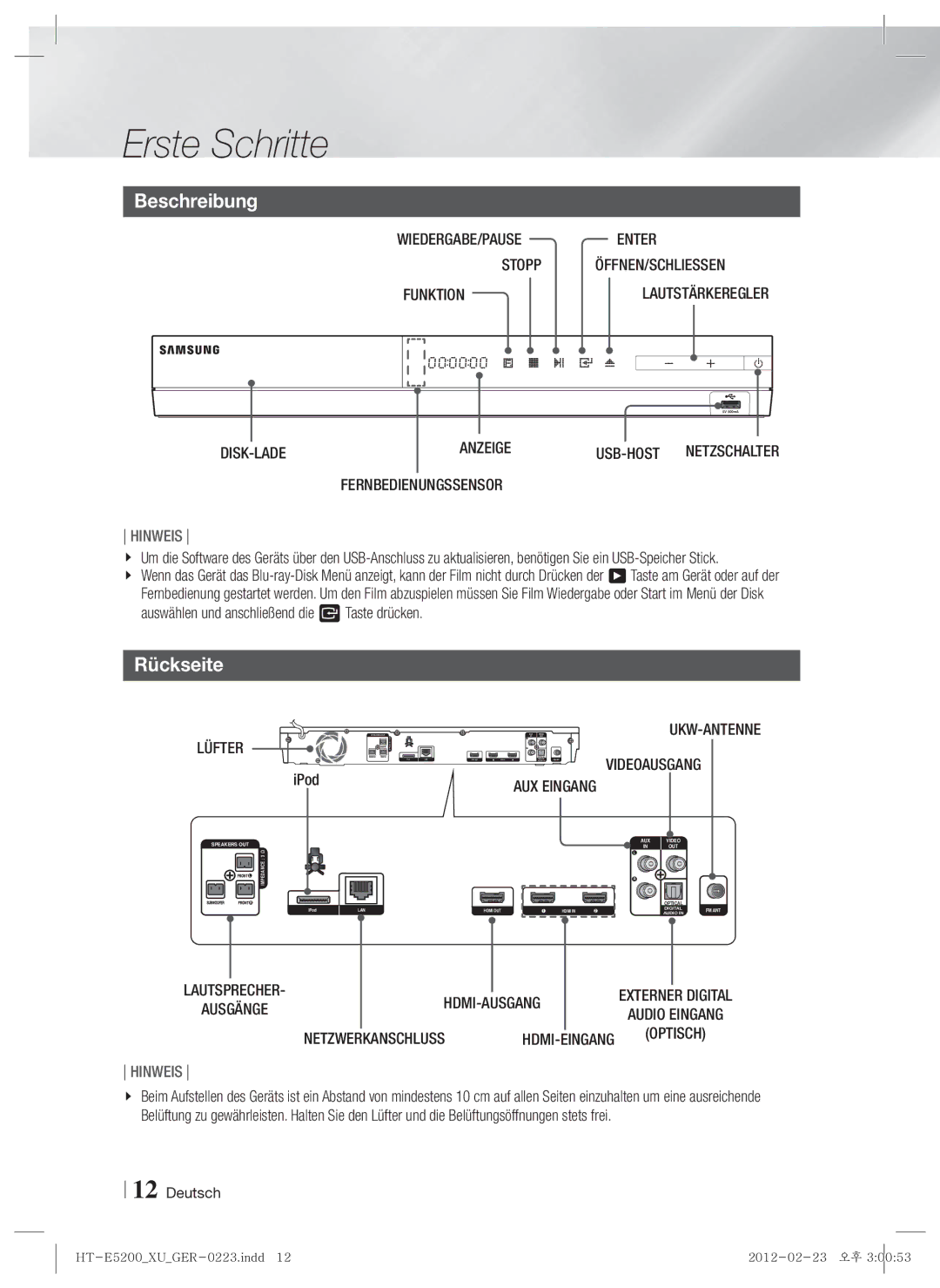 Samsung HT-E5200/ZF, HT-E5200/XN, HT-E5200/EN manual Beschreibung, Rückseite 