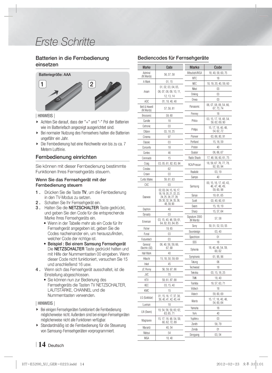 Samsung HT-E5200/EN Batterien in die Fernbedienung einsetzen, Fernbedienung einrichten, Bediencodes für Fernsehgeräte 