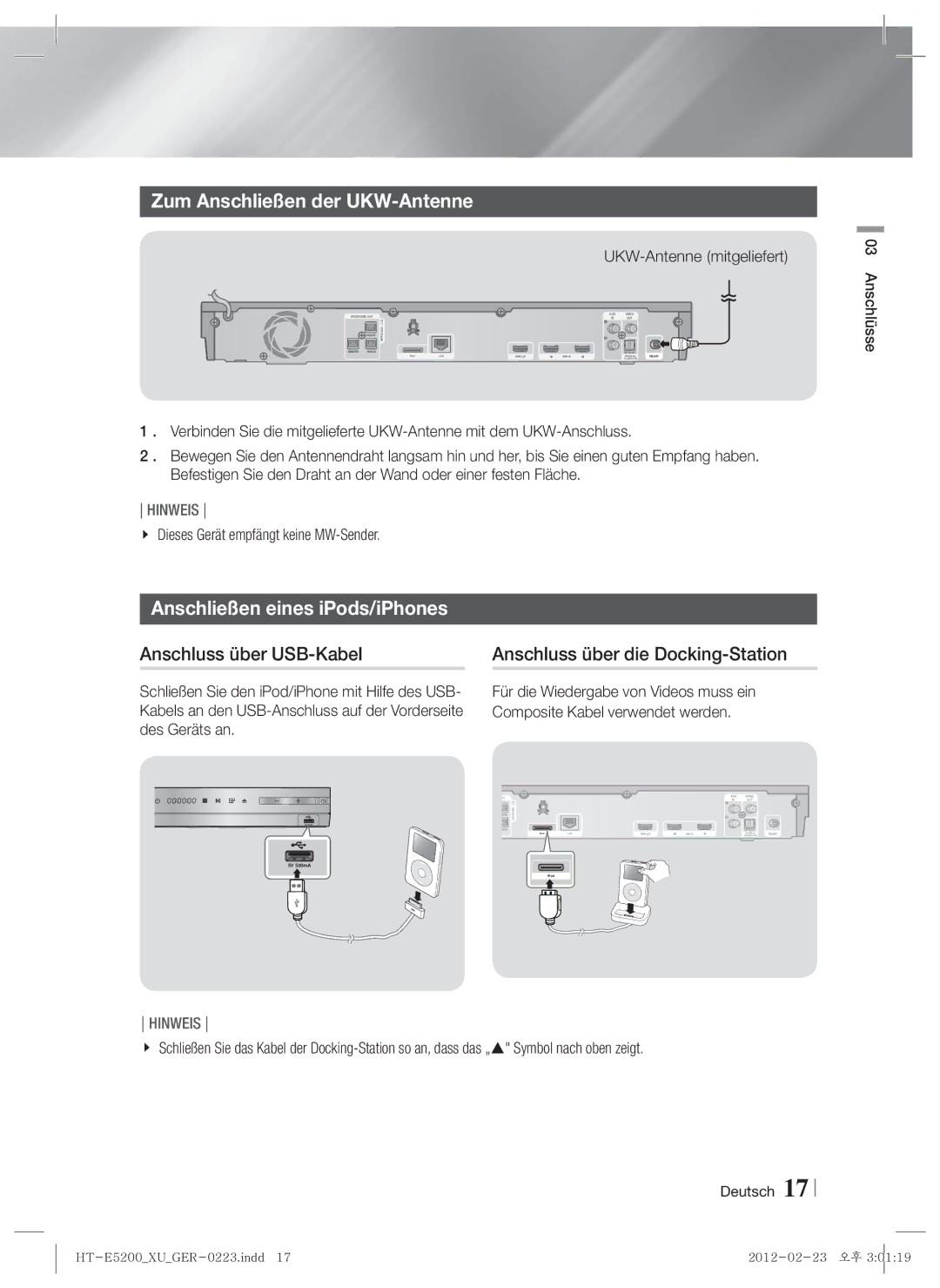 Samsung HT-E5200/EN, HT-E5200/XN, HT-E5200/ZF manual Zum Anschließen der UKW-Antenne, Anschließen eines iPods/iPhones 