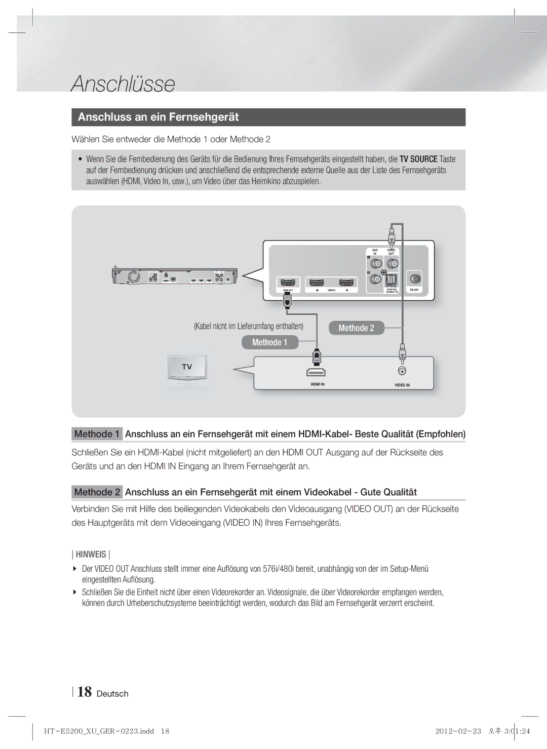 Samsung HT-E5200/ZF, HT-E5200/XN, HT-E5200/EN Anschluss an ein Fernsehgerät, Wählen Sie entweder die Methode 1 oder Methode 