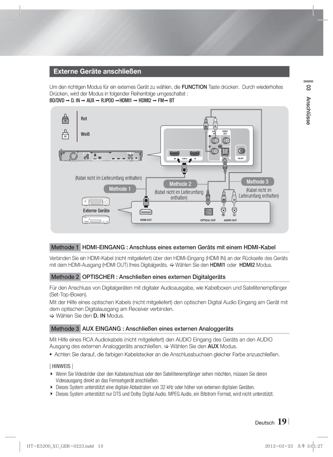 Samsung HT-E5200/XN, HT-E5200/EN, HT-E5200/ZF manual Externe Geräte anschließen, BD/DVD D. in AUX R.IPOD HDMI1 HDMI2 FM BT 