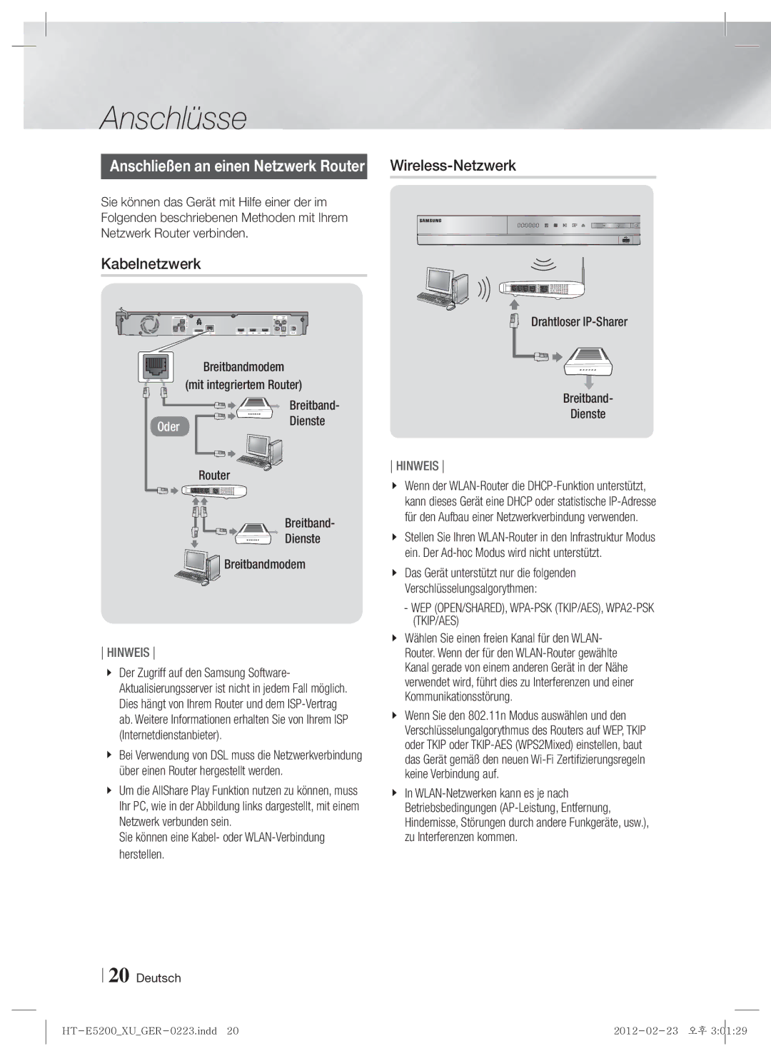 Samsung HT-E5200/EN, HT-E5200/XN, HT-E5200/ZF manual Kabelnetzwerk 