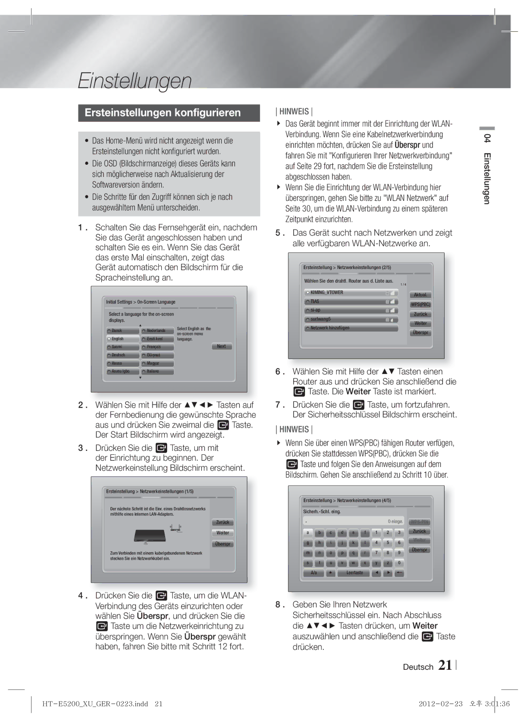 Samsung HT-E5200/ZF, HT-E5200/XN, HT-E5200/EN manual Ersteinstellungen konfigurieren, Deutsch Einstellungen 