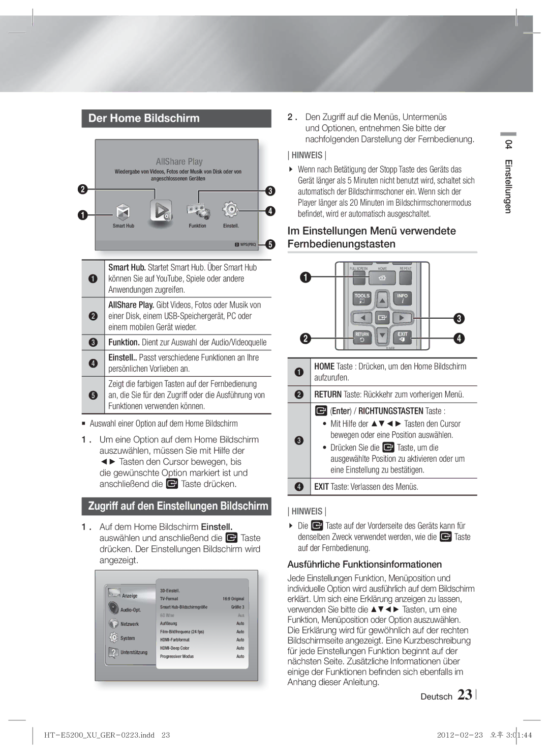 Samsung HT-E5200/EN, HT-E5200/XN, HT-E5200/ZF Der Home Bildschirm, Im Einstellungen Menü verwendete Fernbedienungstasten 