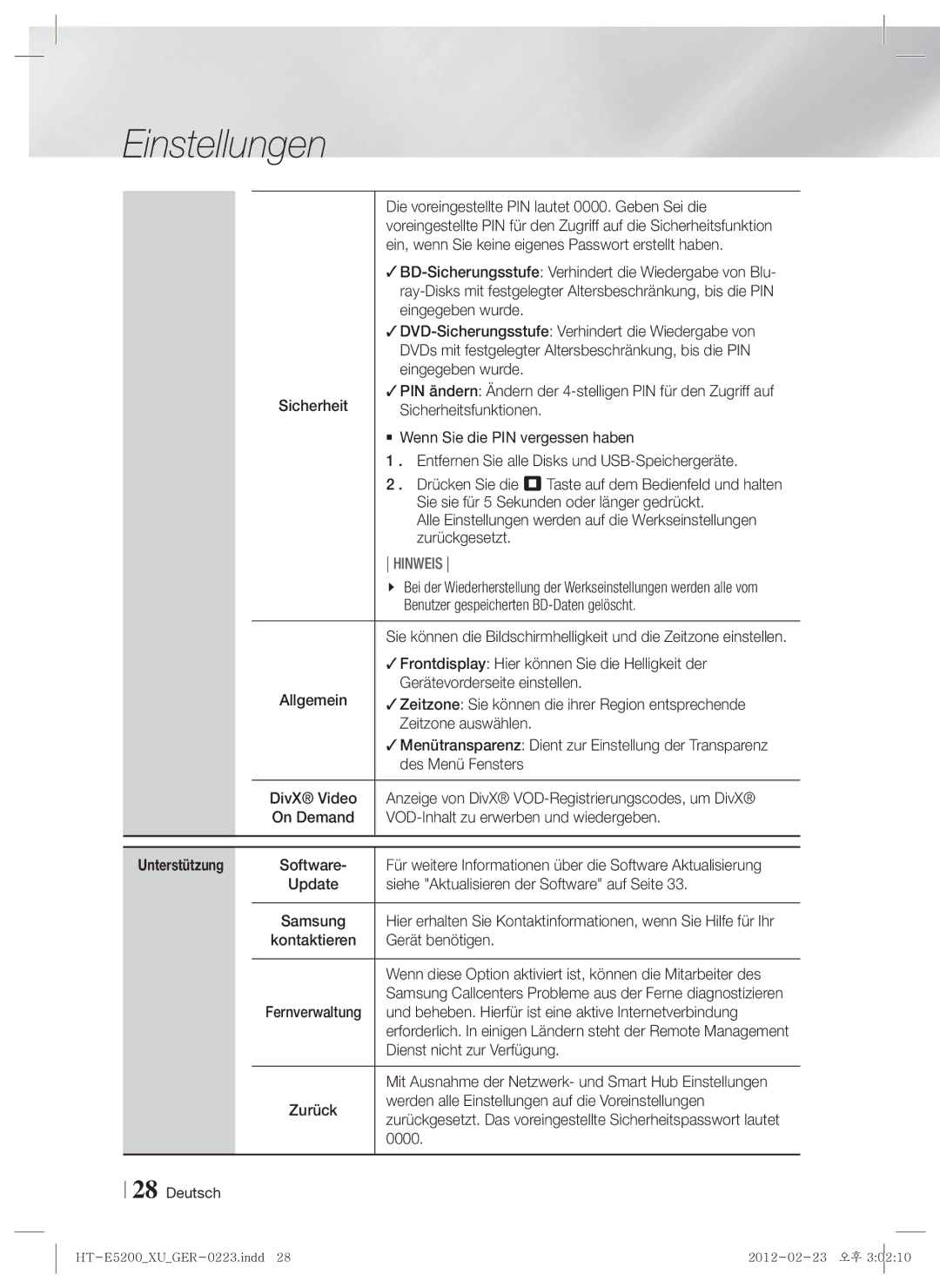 Samsung HT-E5200/XN manual Die voreingestellte PIN lautet 0000. Geben Sei die, Eingegeben wurde, Sicherheitsfunktionen 