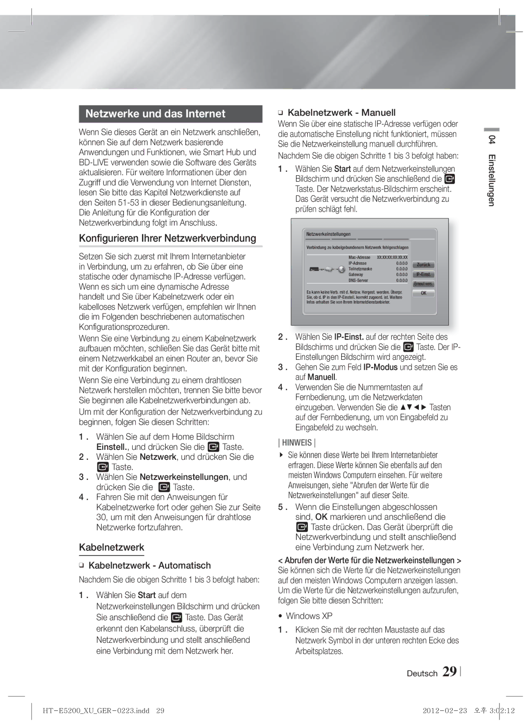 Samsung HT-E5200/EN, HT-E5200/XN manual Netzwerke und das Internet, Konfigurieren Ihrer Netzwerkverbindung, Kabelnetzwerk 