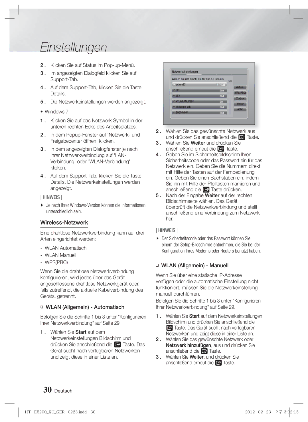 Samsung HT-E5200/ZF, HT-E5200/XN, HT-E5200/EN manual Wireless-Netzwerk, Wlan Allgemein Automatisch 